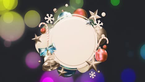 Animation-of-christmas-decorations-around-blank-white-circular-sign-over-coloured-light-spots