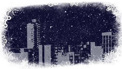Animation-of-white-christmas-snow-falling-over-modern-buildings-and-night-sky-with-snowflake-border