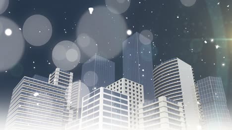 Animation-of-christmas-snow-falling-over-city-buildings-and-spots-of-light-in-night-sky