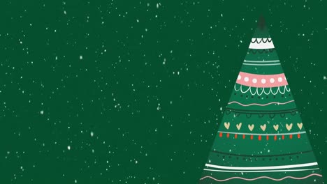 Animation-of-snow-falling-over-decorated-christmas-tree-on-green-background,-with-copy-space