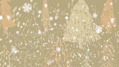 Animation-of-snowflakes-falling-over-drawn-christmas-trees-on-grey-background