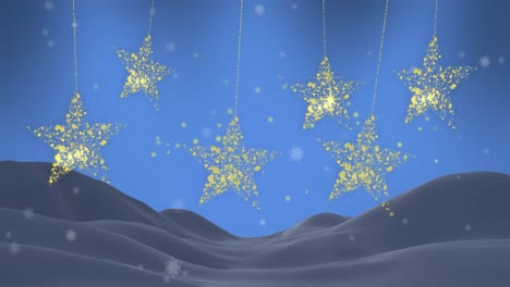 Animation-of-gold-christmas-stars-swinging-with-snow-falling-over-winter-landscape