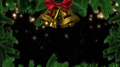 Animation-of-glowing-snowflakes-falling-over-black-background-with-bells-and-christmas-tree-border