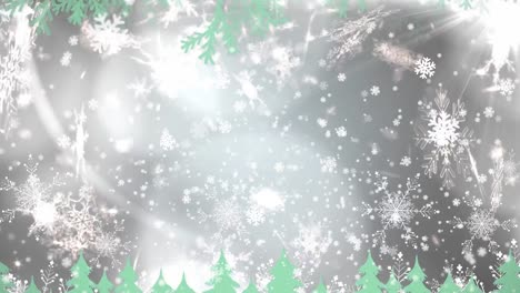Animation-of-white-snowflakes-falling-over-glowing-lights-with-green-christmas-tree-borders