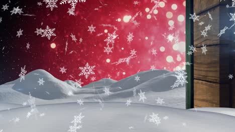 Animation-Von-Weißen-Weihnachtsschneeflocken,-Die-über-Die-Winterlandschaft-Fallen,-Und-Lichter-Am-Roten-Himmel