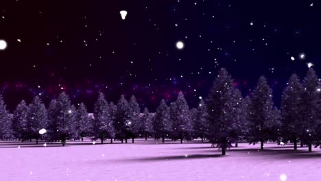 Animation-of-coloured-christmas-lights-and-snow-falling-from-night-sky-over-trees