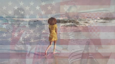 Animation-Der-Flagge-Der-USA-über-Verschiedene-Menschen-Am-Strand