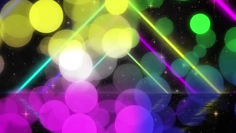 Animation-of-colourful-defocussed-christmas-lights-over-neon-triangles-and-stars-in-night-sky