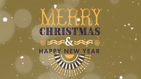 Animation-of-merry-christmas-and-new-year-text-with-falling-snow-and-lights-on-gold-background