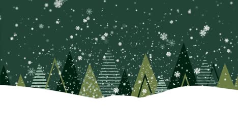 Animation-Von-Weißen-Weihnachtsschneeflocken,-Die-über-Bäume-Im-Schnee-Fallen,-Mit-Dunkelgrünem-Himmel
