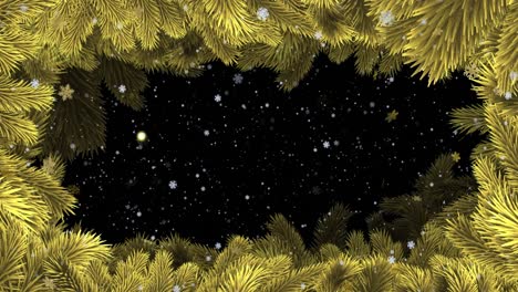 Animation-of-gold-and-white-snowflakes-falling-over-night-sky-with-christmas-tree-border
