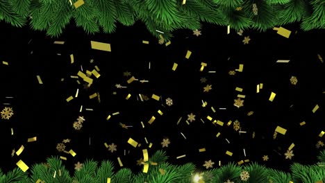 Animación-De-Copos-De-Nieve-Dorados-Que-Caen-Y-Confeti-Sobre-Fondo-Negro-Con-Borde-De-árbol-De-Navidad