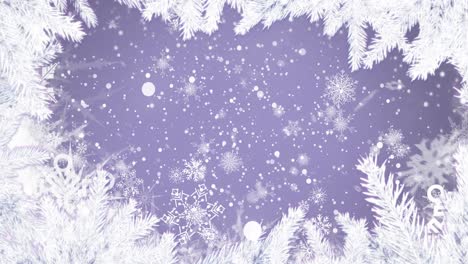Animation-Von-Weißen-Schneeflocken-Und-Schnee,-Der-In-Einen-Violetten-Himmel-Mit-Weißen-Weihnachtsbaumrändern-Fällt