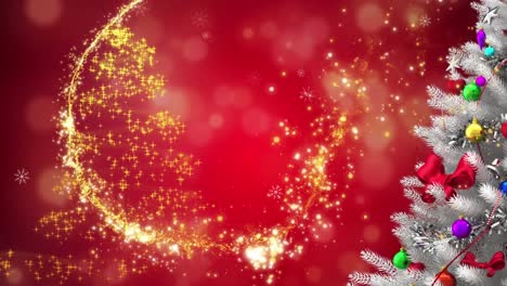 Animation-of-shooting-star-over-christmas-tree-and-snow-falling-on-red-background