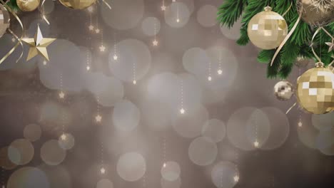 Animation-of-glowing-stars-falling-over-grey-light-spots-and-christmas-tree-with-decorations