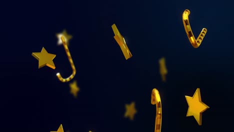 Animation-of-gold-stars-and-candy-canes-falling-over-black-background