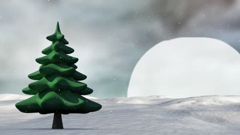 Animación-De-Papel-Quemado-Sobre-árbol-De-Navidad-Y-Nieve-Cayendo-En-Un-Paisaje-Invernal