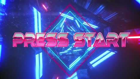 Animation-of-press-start-text-in-pink-metallic-letters-over-blue-neon-lights