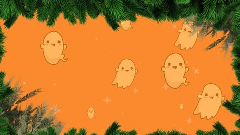 Animación-Del-Patrón-De-Fantasmas-De-Halloween-Sobre-Fondo-Naranja