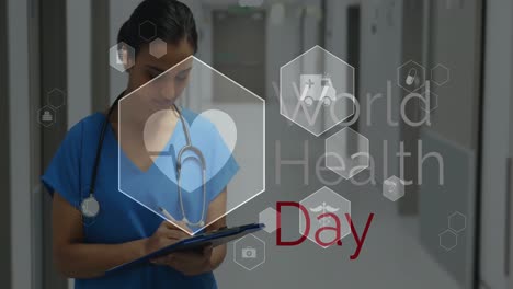 Animation-Medizinischer-Symbole-Und-Text-Zum-Weltgesundheitstag-über-Einer-Biracial-Ärztin