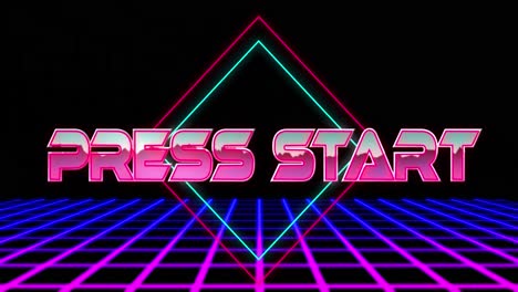 Animation-of-press-start-text-in-pink-metallic-letters-over-neon-lights