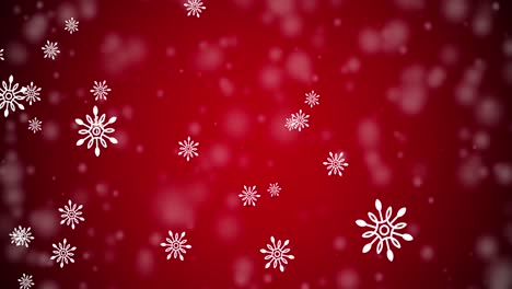 Animation-of-snow-falling-and-light-spots-on-red-background