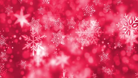 Animation-of-snow-falling-and-light-spots-on-red-background