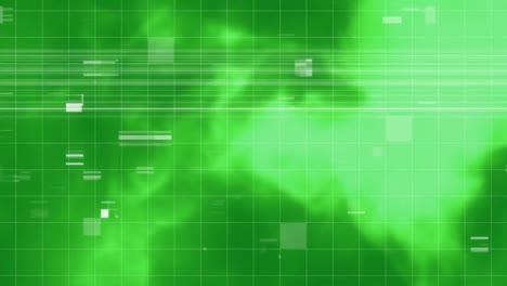 Animation-of-glitch-effect-over-grid-network-against-digital-wave-on-green-background