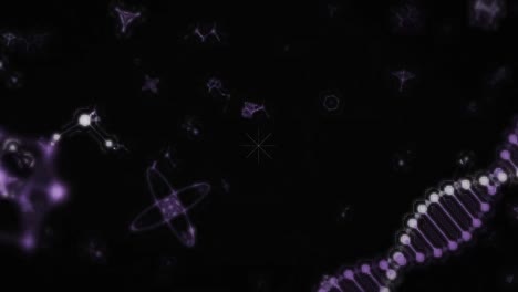 Animation-of-light-trails-in-seamless-pattern-over-dna-and-molecular-structures-on-black-background