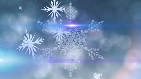 Animation-of-glowing-light-over-christmas-snowflakes-falling