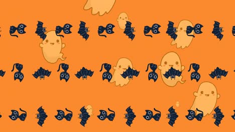 Animation-Von-Halloween-Geistern,-Katzen-Und-Katzenmustern-Auf-Orangefarbenem-Hintergrund