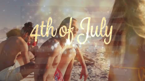 Animation-of-4th-of-july-text-and-light-spots-with-flag-of-usa-over-diverse-friends-at-beach