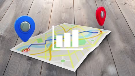 Animation-of-graph-over-tag-icons-and-city-map-on-wooden-background