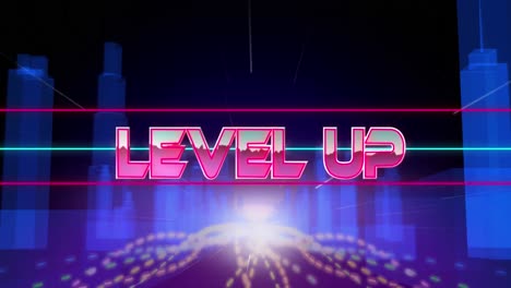 Animation-of-level-up-text-in-pink-metallic-letters-over-digital-city-with-blue-neon-lights