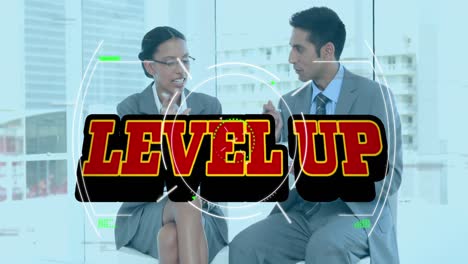 Animation-of-level-up-text-over-diverse-business-people-in-office