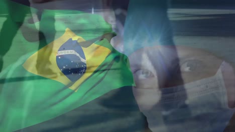 Animation-of-flag-of-brazil-over-caucasian-doctors-with-face-masks