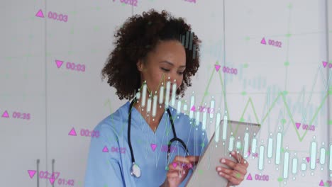 Animation-of-data-processing-over-african-american-female-doctor-using-tablet