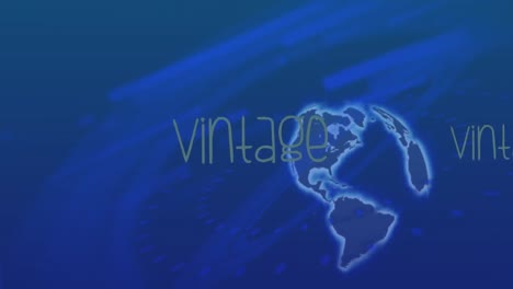 Animation-Von-Vintage-über-Dem-Globus,-Der-Auf-Blauem-Hintergrund-Rotiert