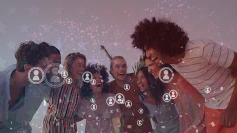 Animation-of-confetti-with-fireworks-and-icons-over-diverse-people