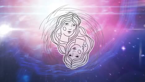 Animation-Von-Symbolen-über-Formen-Und-Lichtspuren-Auf-Violettem-Hintergrund
