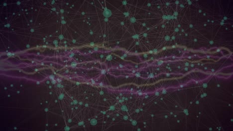 Animation-of-waves-and-network-of-connections-on-black-background
