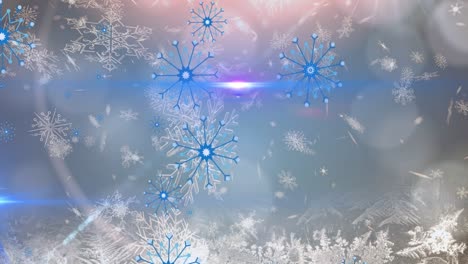 Animation-of-glowing-light-over-christmas-snowflakes-falling