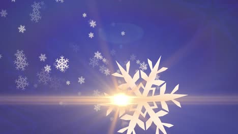 Animation-Von-Leuchtendem-Licht-über-Weihnachtlichen-Schneeflocken,-Die-Auf-Violetten-Hintergrund-Fallen