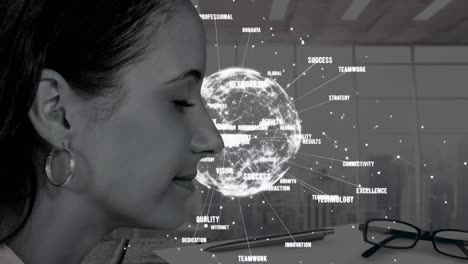 Animation-of-caucasian-woman-and-globe-with-data-processing-over-cityscape