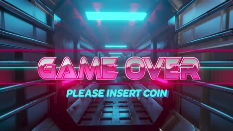 Animation-of-game-over-text-in-pink-metallic-letters-over-tunnel-with-blue-neon-lights