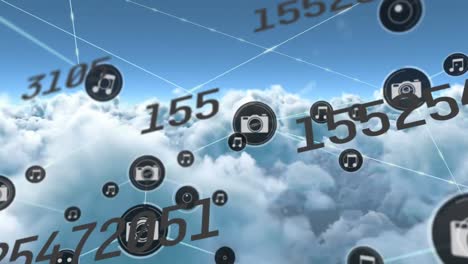 Animation-Der-Datenverarbeitung-Mit-Netzwerk-Von-Verbindungen-über-Dem-Himmel-Mit-Wolken