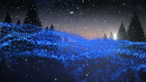 Animation-of-snow-falling-and-blue-mesh-with-fir-trees-in-winter-scenery