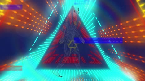 Animation-Von-Interferenzen-Und-Digitalem-Menschen-über-Neontunnel-Auf-Blauem-Hintergrund