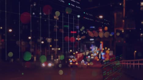 Animation-of-dots,-diverse-data-and-graphs-processing-over-blurred-night-road-traffic