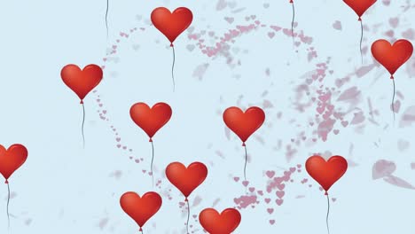 Animation-of-red-hearts-over-rose-petals-on-blue-background